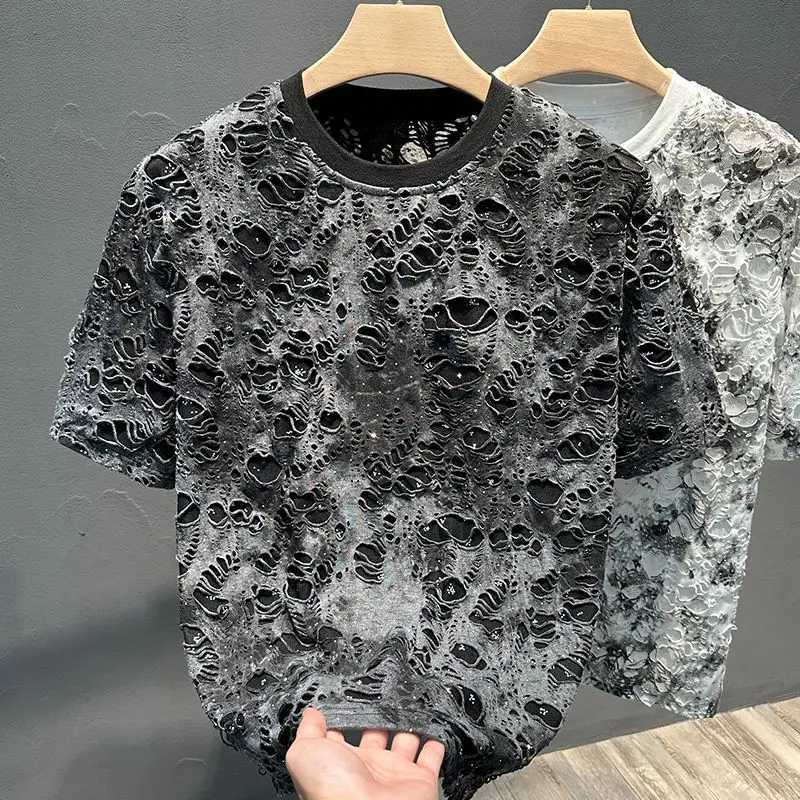 Street Trend Fashion Summer New Mens O-neck Tie Dye Hole High Street Casual Full Match Half Sleeve Loose Zipper T-shirt TopT250318