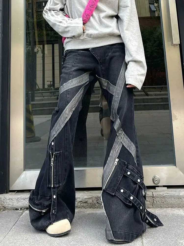 American women street retro zipper splicing micro flared jeans Y2k slimming multi pocket design straight leg pantsT250319