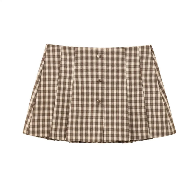 Women 2 Piece Set Elegant Plaid O-Neck Single Breasted Pocket Decorate Vest TopChic Zipper Pleated Slim Mini Culottes 250318