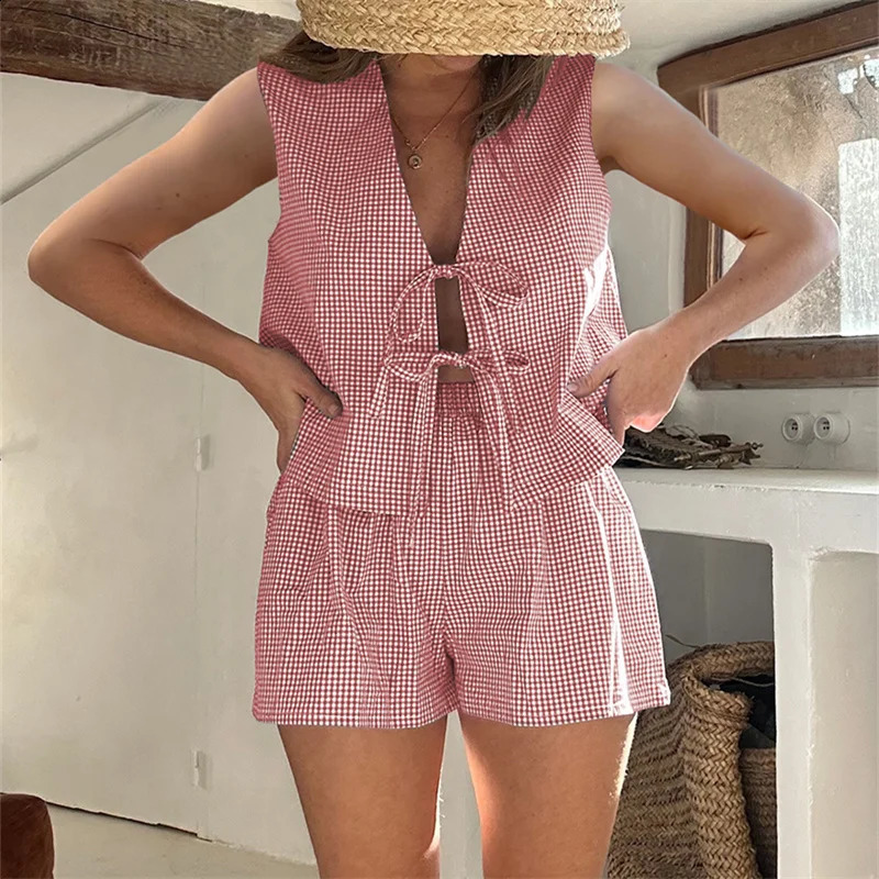 Women 2-Piece Shorts Set Plaid Print Lacing V-Neck Sleeveless Tank Tops Elastic Waistband Shorts Loungewear Outfits 250319