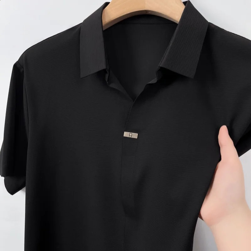 High end classic solid color patch decoration mens short sleeved polo shirt summer silk ice silk casual business T-shirt 250318