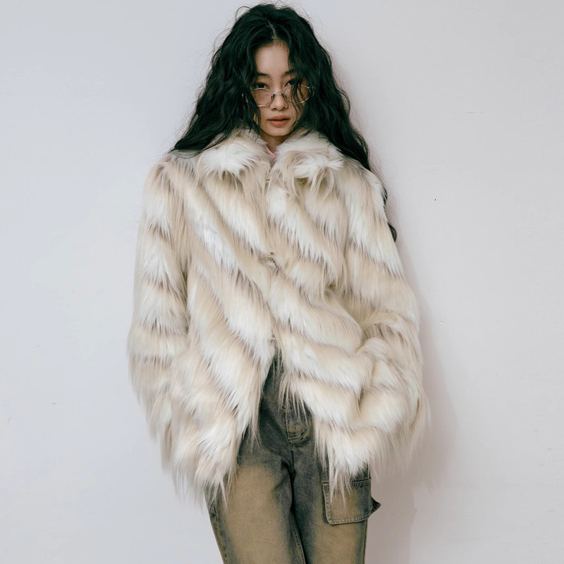 Women's coat mixed color tassel long imitation fox fur coat, women's spicy girl autumn and winter thick loose top