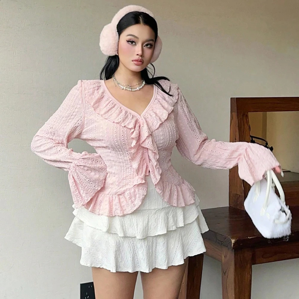 Plus Size Womens Elegant French Ruffle Flared Sleeve Blouse Pink VNeck Bubble Sweetheart 250319
