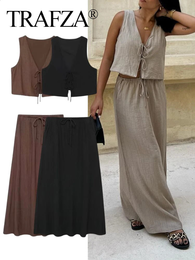 TRAFZA Woman Vintage Solid Vest Skirt Sets Elegant Bow Lace-Up Crop VestHigh Waist Drawstring Casual Skirt Streetwear Outfit 250319
