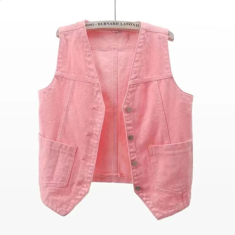 2024 SpringSummer Vneck Denim Tank Top Womens Short sleeved Jacket Casual Single breasted Jeans Waist Coat T382 250319