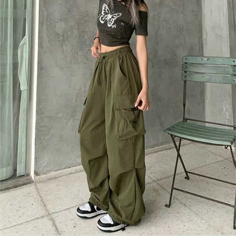 Womens casual pants solid low waisted oversized pockets wide leg pockets womens Y2K streetwear oversized sports pantsT250318