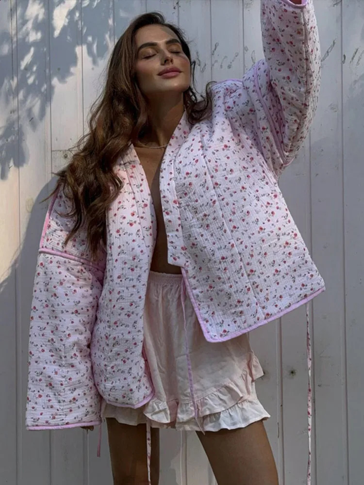 Casual Printed Womens Thick Coat Loose Lace Full Sleeve Quilted Jacket 2025 Early Spring Warm 250319