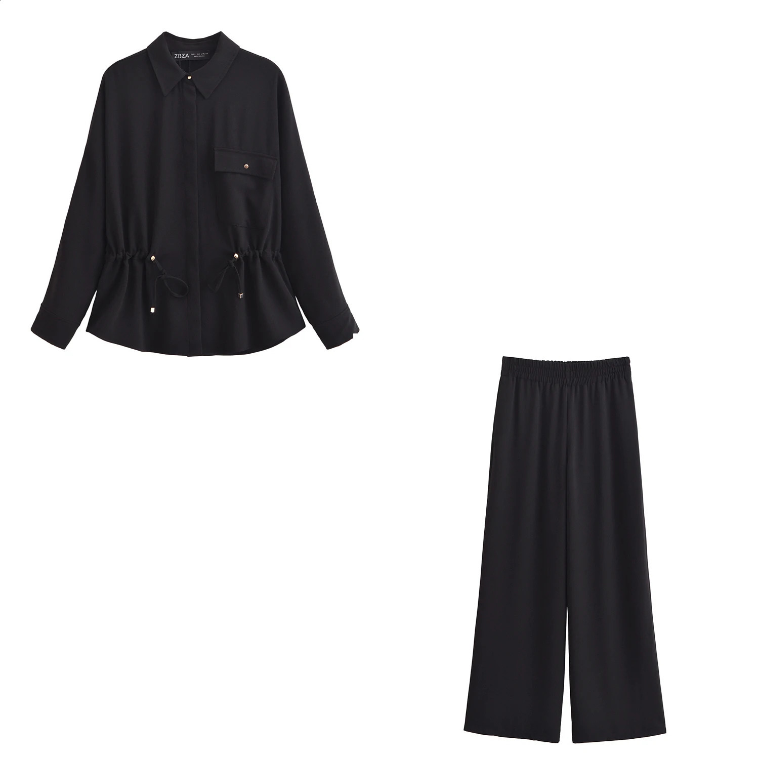 Spring Two Piece Wide Leg Pants Set Crepe Loose Shirt with Casual Summer Long Sleeve Womens 250319