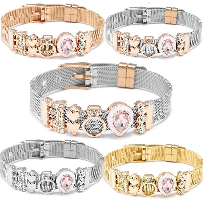 Fashion Stainless Steel Mesh Bracelets Original DIY Crystal Crown Heart Beads Buckle Keeper Bracelets For Women Men Jewelry Gift