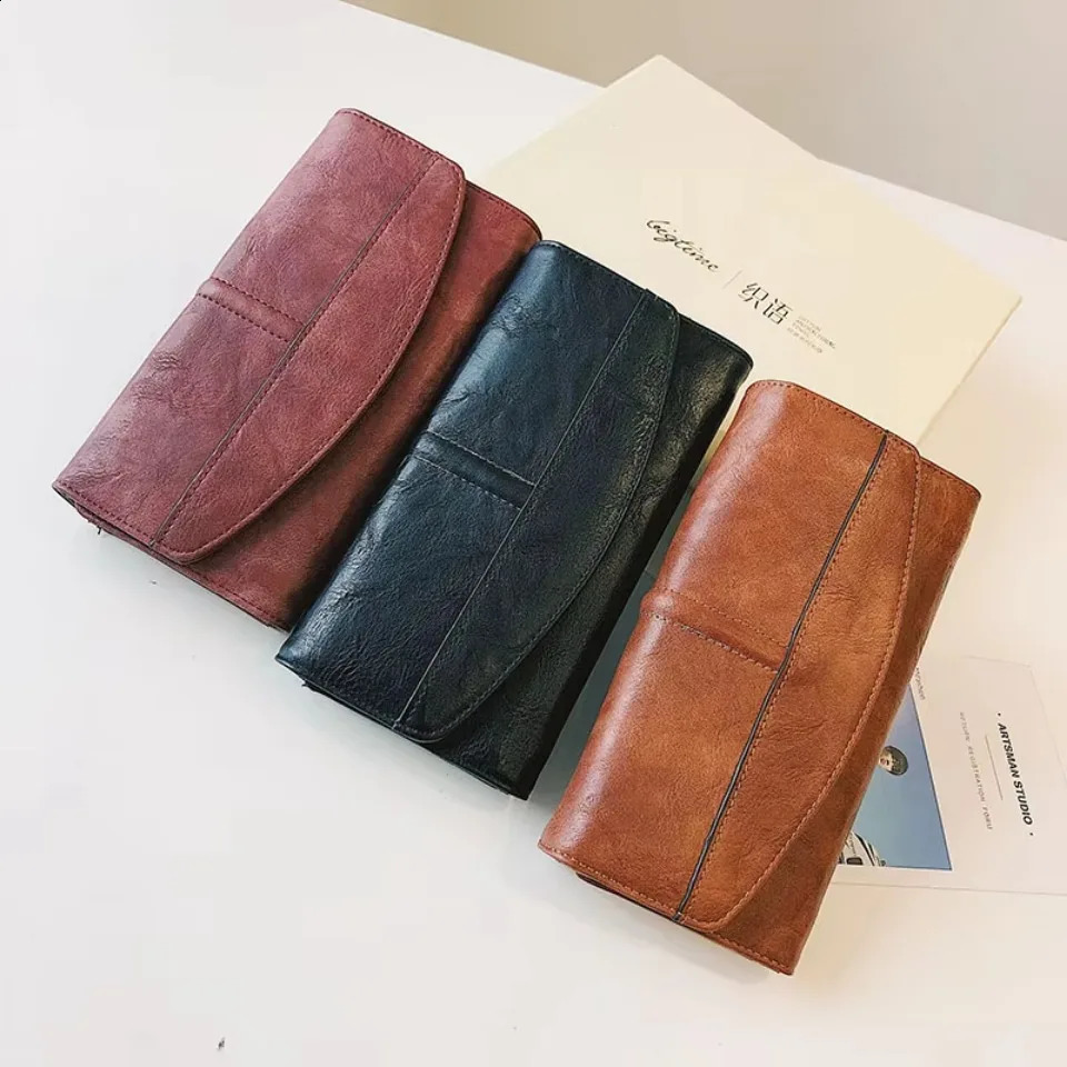 Vintage Trifold Wallet Womens Long PU Leather Wallet Womens Clutch Wallet Buckle Womens Mobile Phone Bag Womens Card Bag Womens High Quality 250317