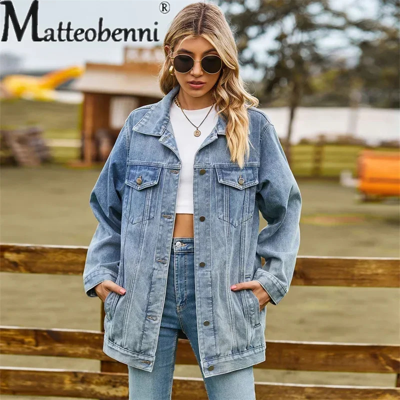 Retro denim jacket womens autumn loose lapel single breasted open top coat fashionable casual commuting 2024 250319