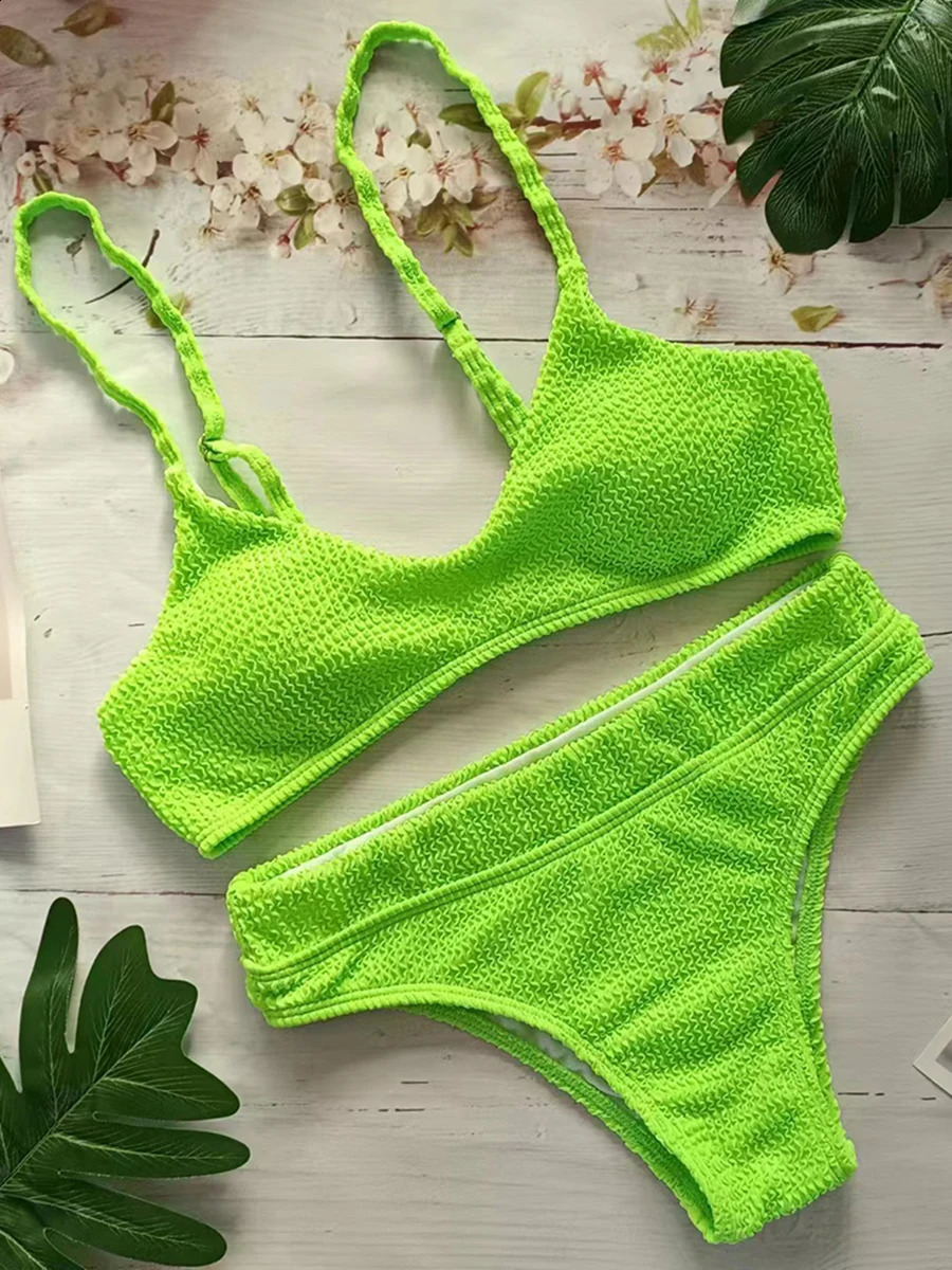 Solid Shoulder Strap Bikini Ribbed Swimsuit Womens Sexy Apron Swimsuit Womens Bath Swimsuit 250314