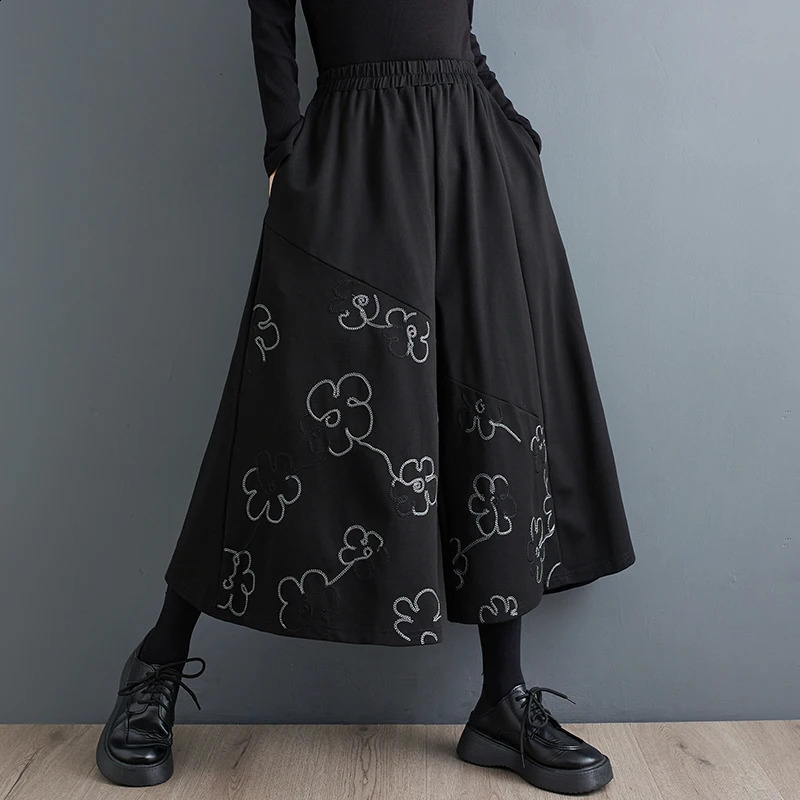 Wxw2930 Black Wide Leg Pants Womens Ankle Length Loose ed Flower Retro Street Split Trousers 250318