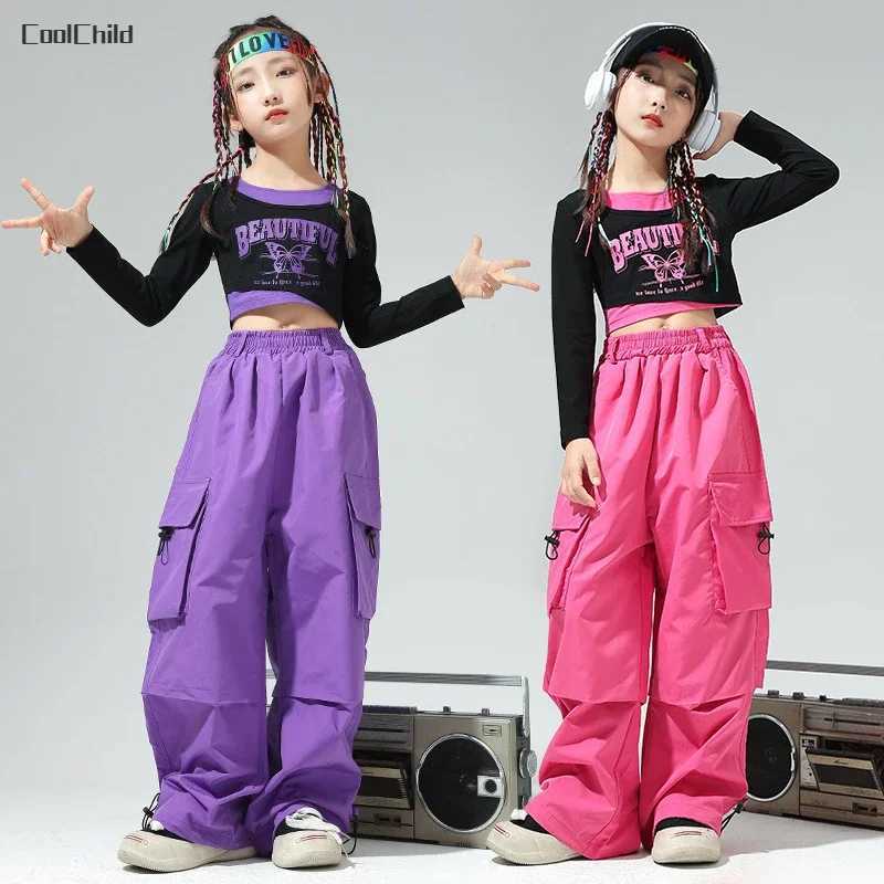 Girls Hip Hop Faux Two Piece Colorful Crop Sweatshirt Street Dance Cargo Pants Child Streetwear Kids Jazz Costumes Clothes SetsT250318