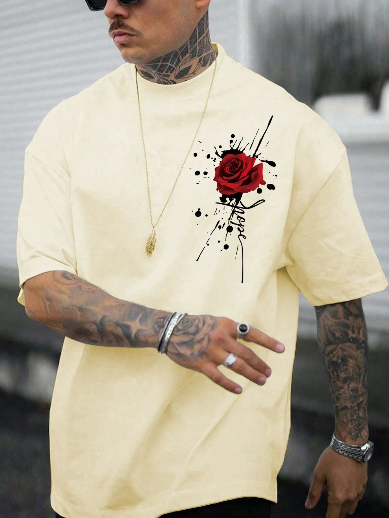 Rose Men Cotton Tshirt Fashion Big Size Top Casual Short Sleeve Streetwear Classic Print Arrival Tee S4XL 250318