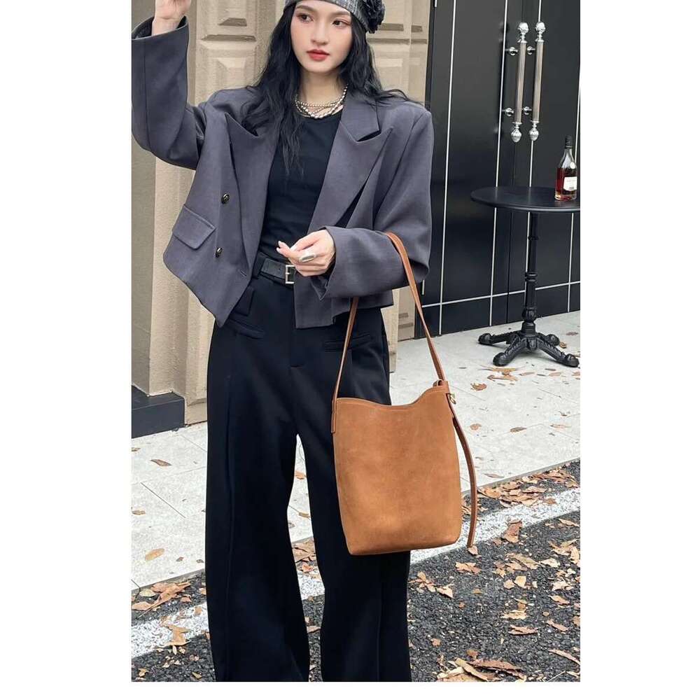 Frosted Cowhide Bucket Women Suede Leather Purses Lazy Style Crossbody Shoulder Winter Large Bag