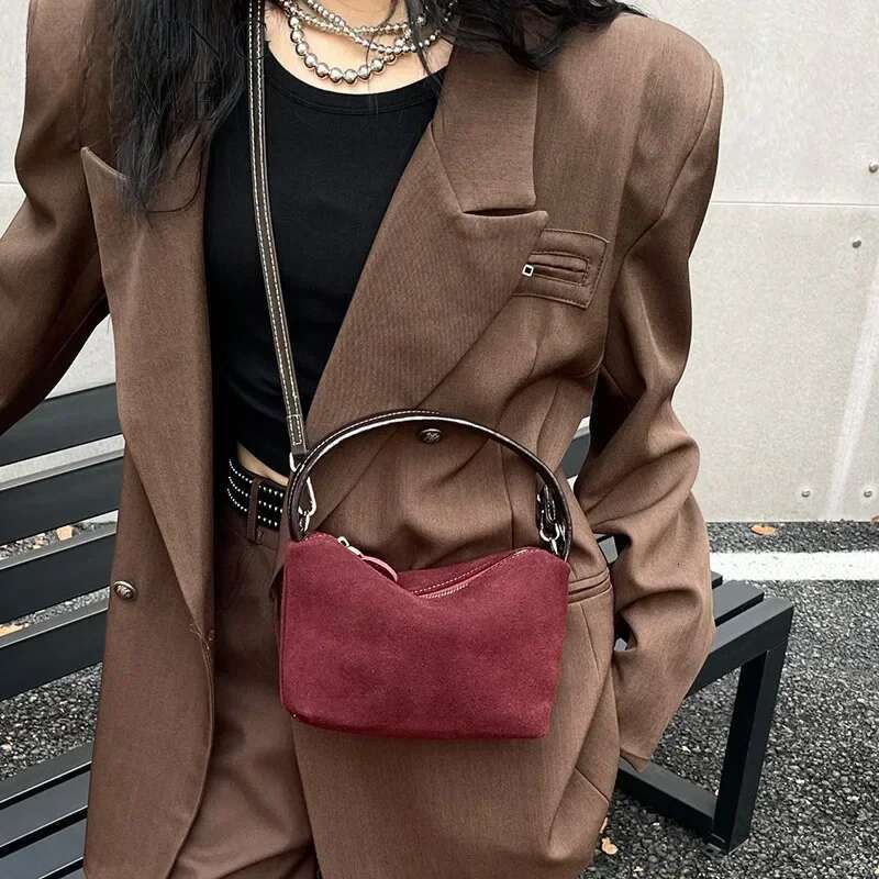 Mini Pouch Suede Cowhide Portable Lunch Box New Versatile Hand Bag Retro Shoulder Messenger Purse