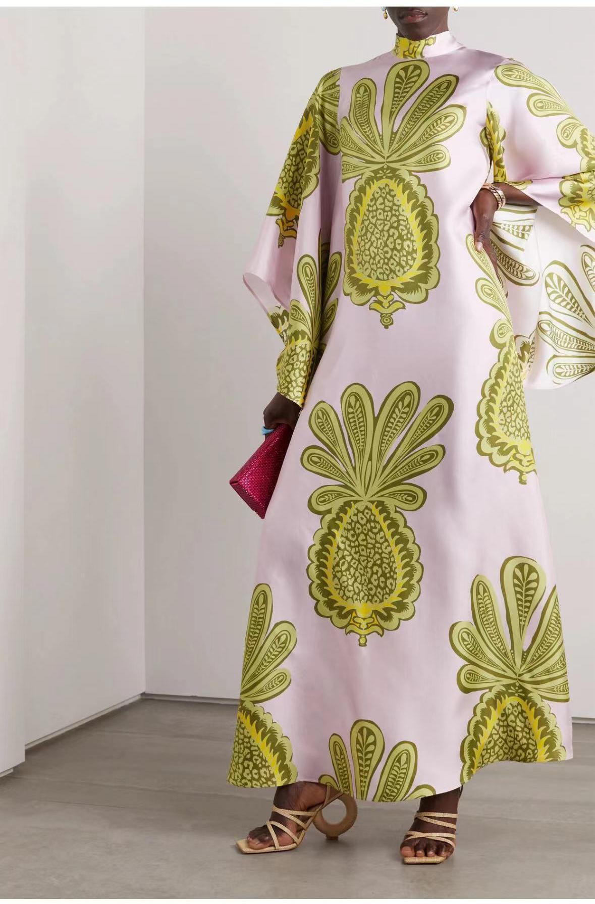 New summer printed seven quarter sleeve stand up collar dress