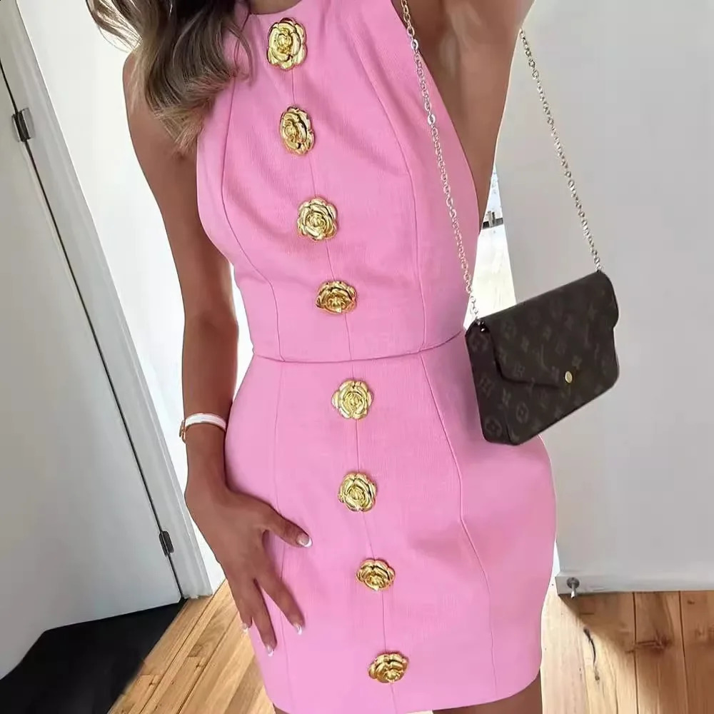 Sexy cut rose button camisole mini dress fashionable sleeveless backless party 2024 summer elegant womens vest 250319