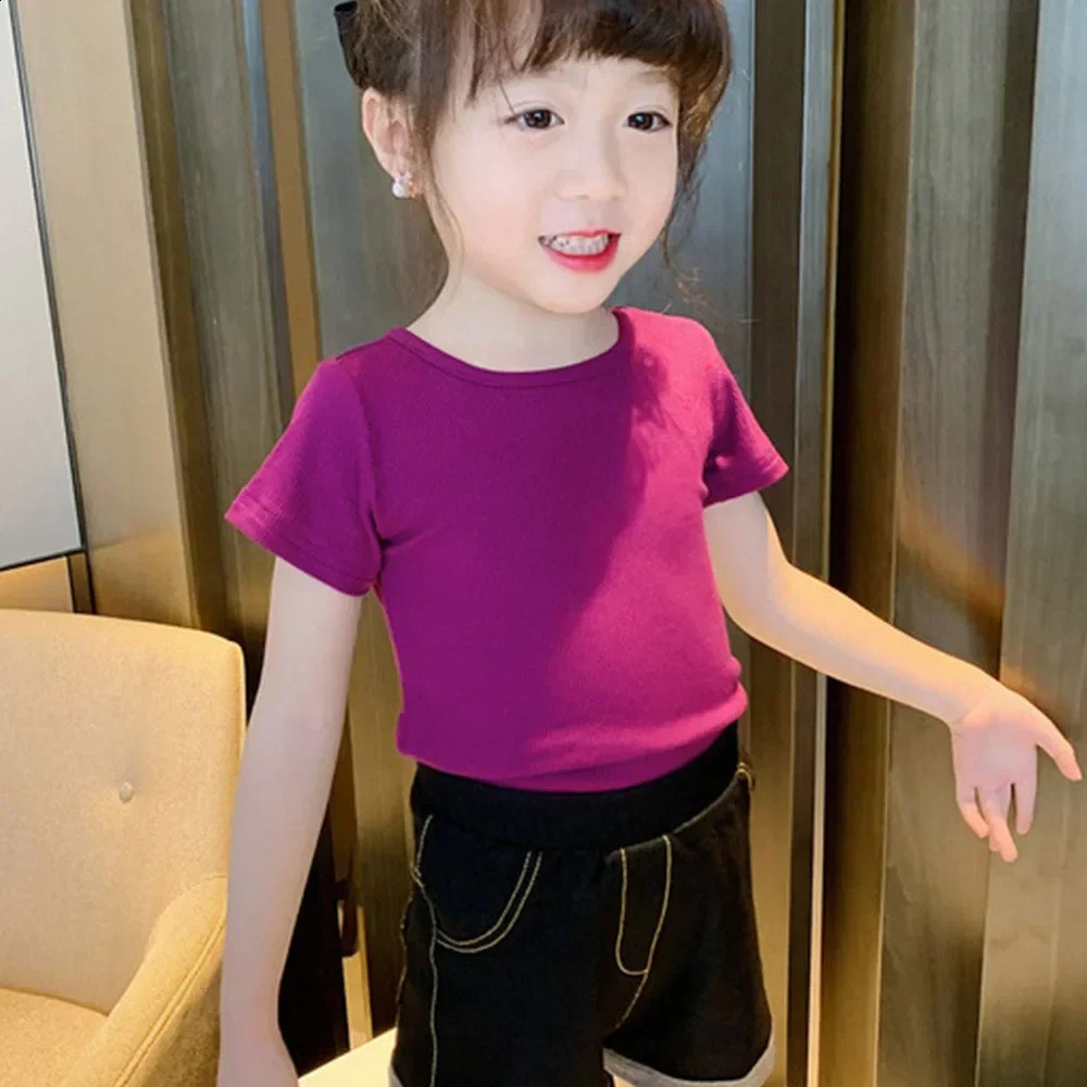 Girls T-shirt Kids Short Sleeved Back Bow-knot Baby Candy Color Shirt Clothes Summer Chilrens Solid Color Top Tees 250319