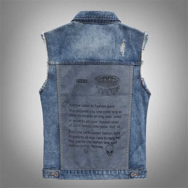 Men Patched Denim Waistcoats Vests Jackets New Fashion Male Fit Denim Coats Vests High Strt Wear Holes Jeans Vests Size S-5XL X2503196