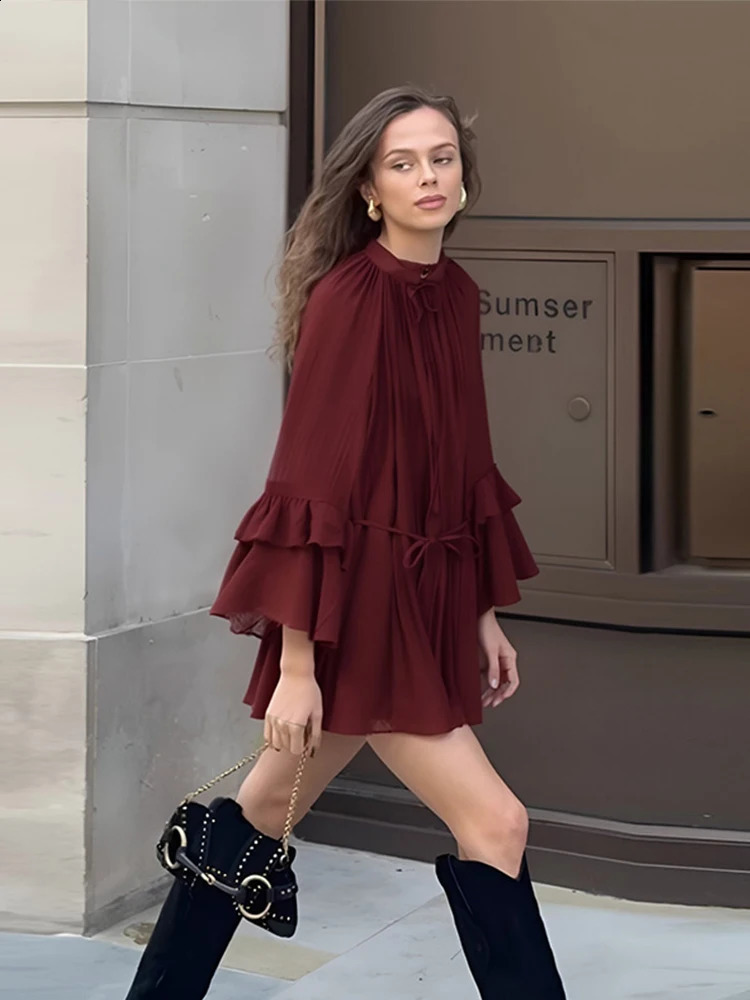 Casual loose mini dress Oneck long sleeved womens 2025 spring solid color lace hollow chiffon 250319