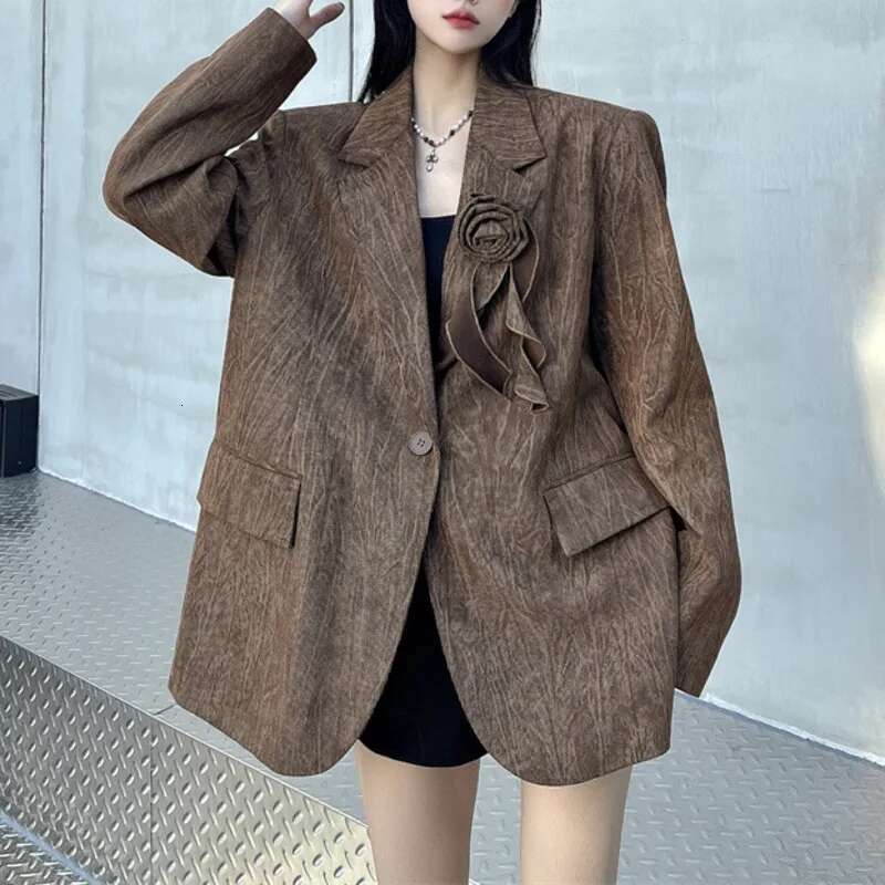 Vintage Style Women Suit Blazer Fashion 3D Ral Spliced Single Button Jackets Female 2025 Spring New Clothing 1A427