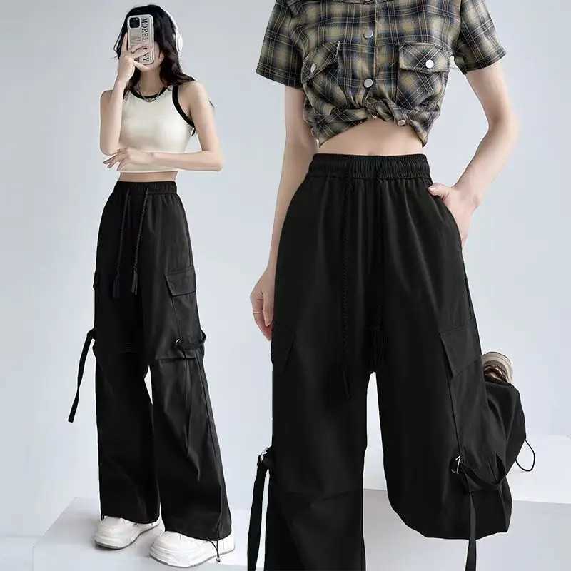 Y2K Streetwear Casual Womens Cargo Pant Matching Oversized Sweatpant Drawstring High Waist Jogger Trousers Chic Wide Leg PantsT250318