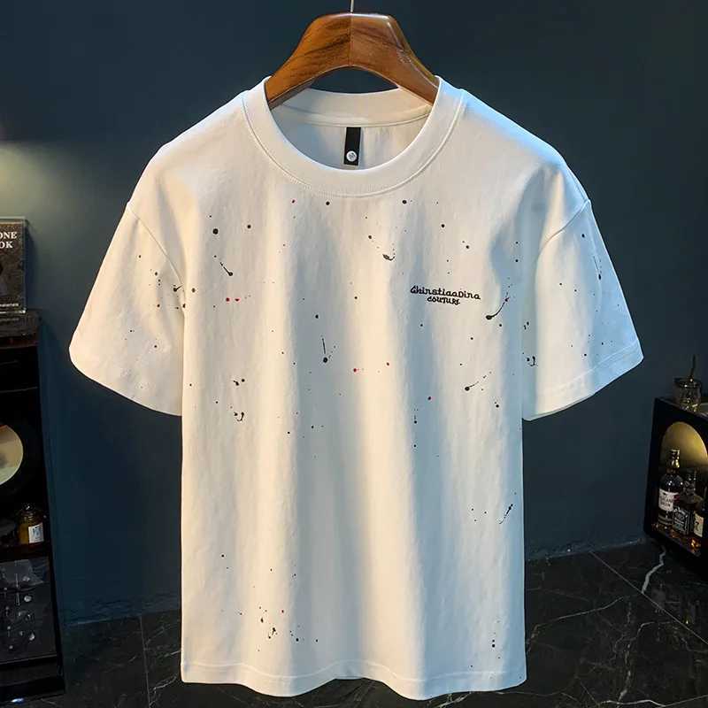 2025 Summer Trend Inkjet Printed T-shirt Short Sleeve Mens Thin Round Neck Large Size Breathable Embroidered White TopT250318
