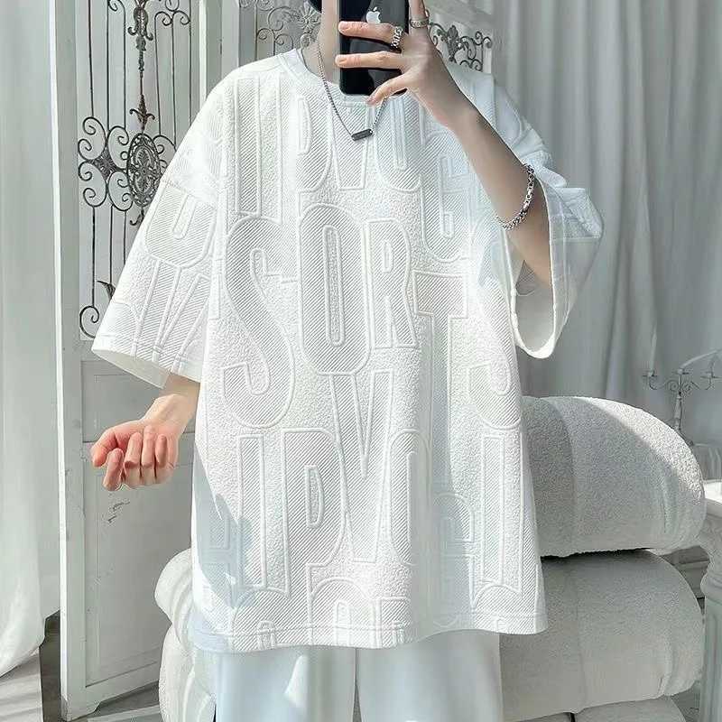 Summer casual Waffle T-shirt mens 3D letter printed short sleeved oversized mens breathable high-quality T-shirt topT250318