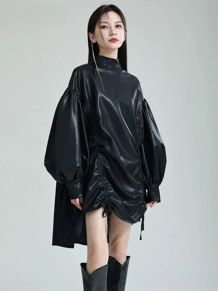 Women Green Pu Leather Drawstring Big Size T-Shirt New Turtleneck Long Sleeve Fashion Tide Spring Autumn 2025 1Dh1358