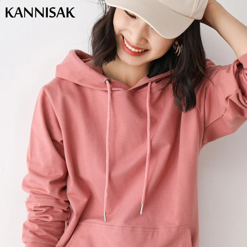 Women Hoodies 100% Cotton Spring Autumn Loose Long Sleeve Pullovers Solid Casual Ladies Outerwear Hooded Hoodie Womens Clothing 250318