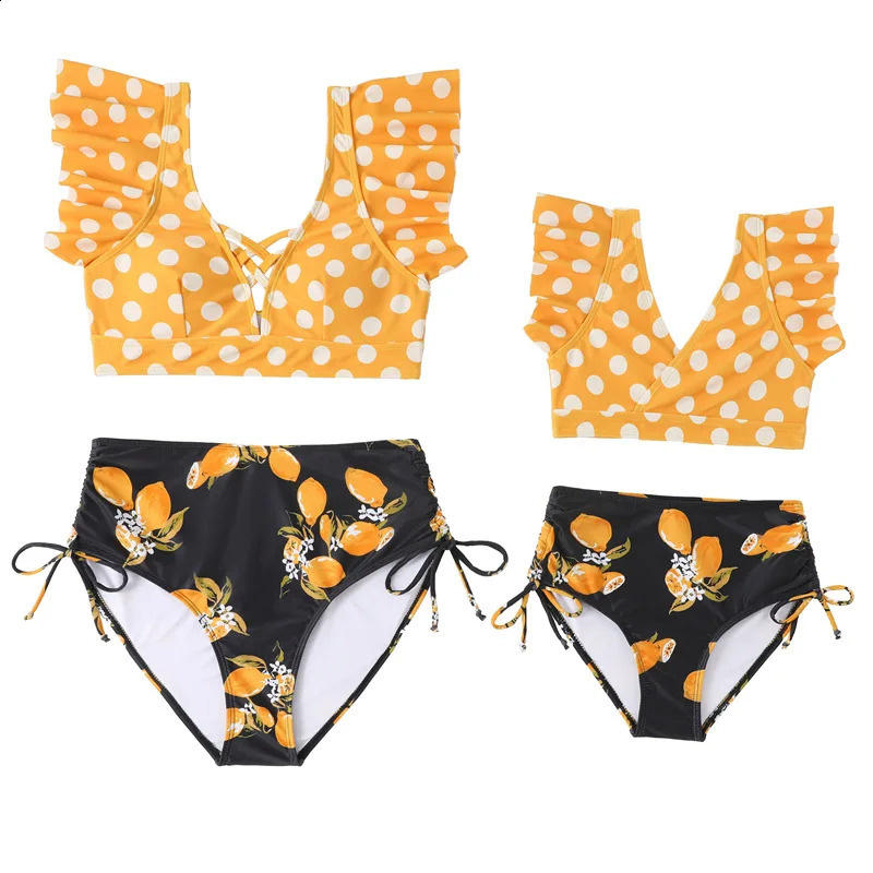 Ruffled Mother Daughter Matching Swimsuits Family Set O-Neck Mom Baby Mommy and Me Bikini Clothes Leaves Woman Girls Swimwear 250319