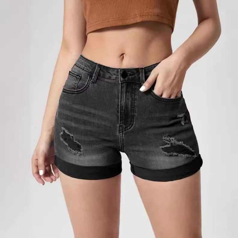 Fashionable Rolled Hole Elastic High Waisted Denim Shorts Sexy And Personalized Spicy Hot Pants Casual Women's Shorts