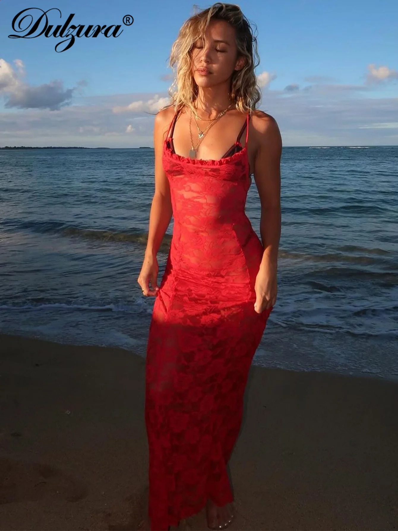Dulzura See Through Ruffled Patchwork Lace Cami Maxi Dress Sleeveless Sexy Long Dress Party Club Autumn Y2K 250319