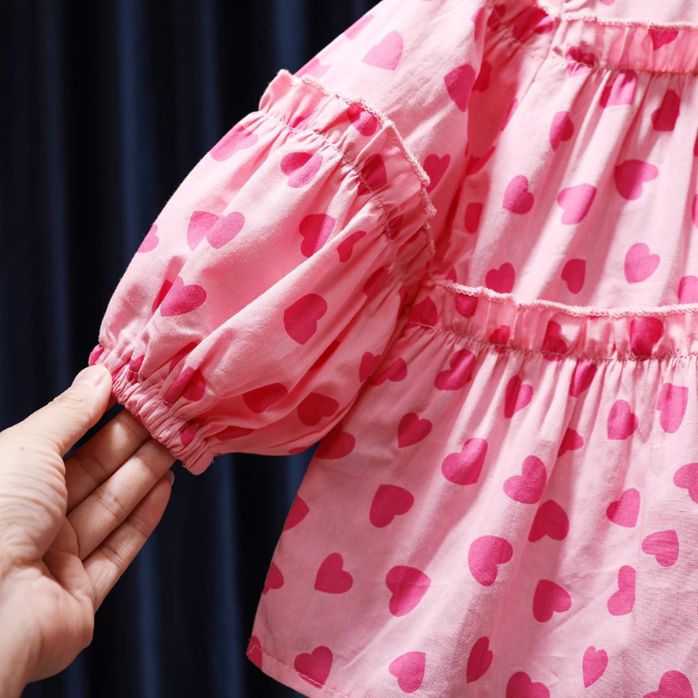 Korean Spring Autumn Children Girls Shirt Pink Heart Print Long Sleeve Lace Cotton Kid Baby Blouse Sweet Little Tops 250319