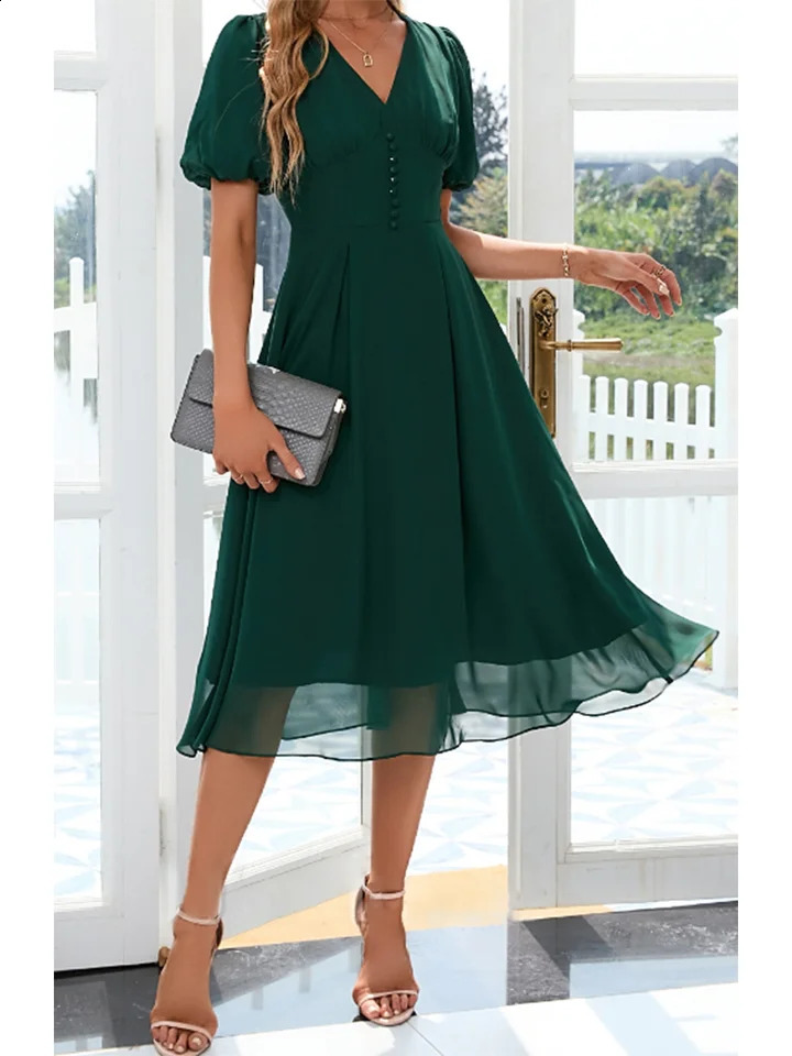 Womens plus size fashionable dress Vneck elegant Aline chiffon midi lantern sleeves casual party Vestidos 250319