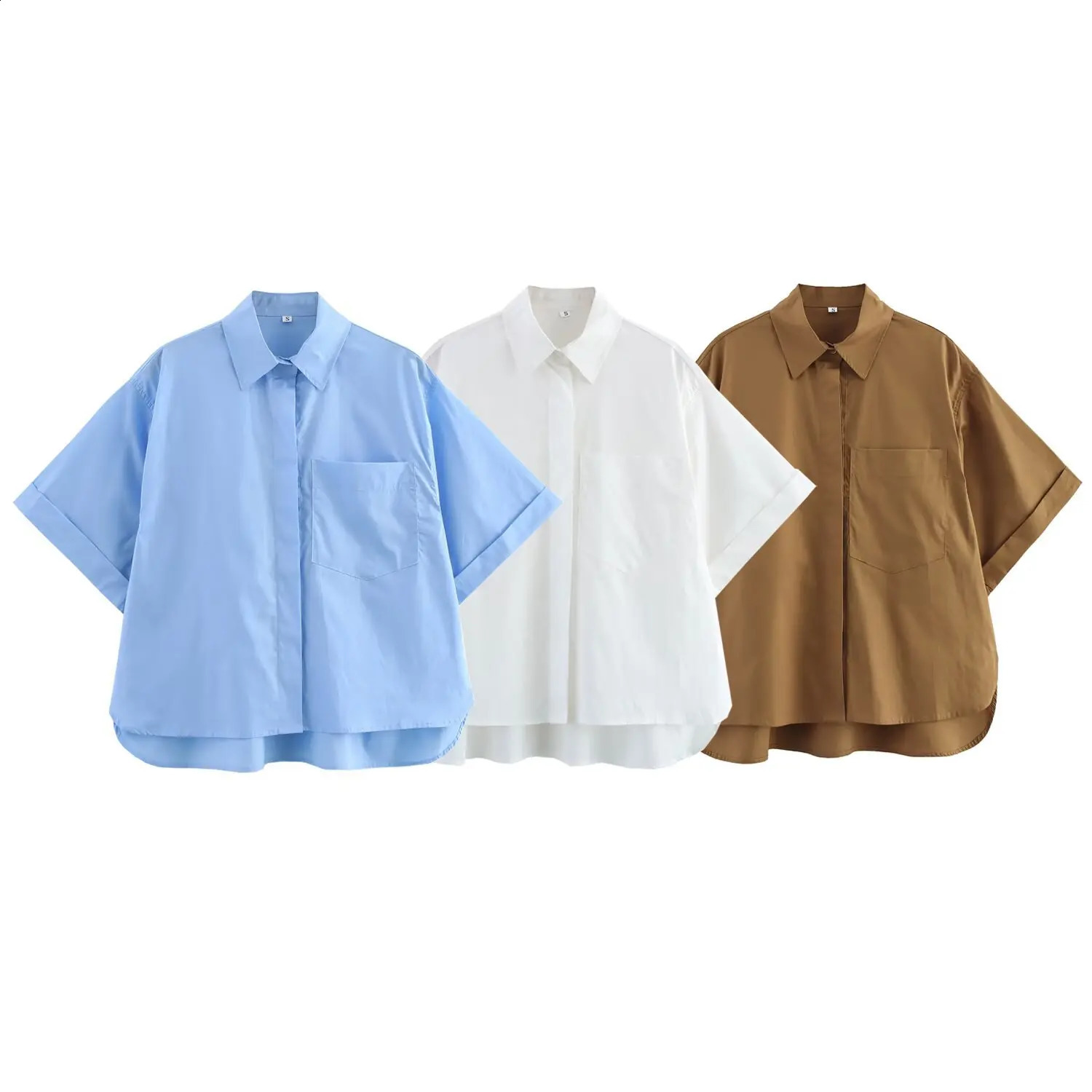 ZBZA Womens Poplin Pocket Shirt Flip Collar Long Sleeve Hidden Single breasted Wide Matsushita Top SpringSummer Casual Chic 250319
