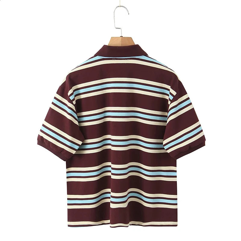 Willshela Women Fashion With Button Striped Pullover Shirts Vintage Polo Neck Short Sleeves Female Chic Lady Tops 250318
