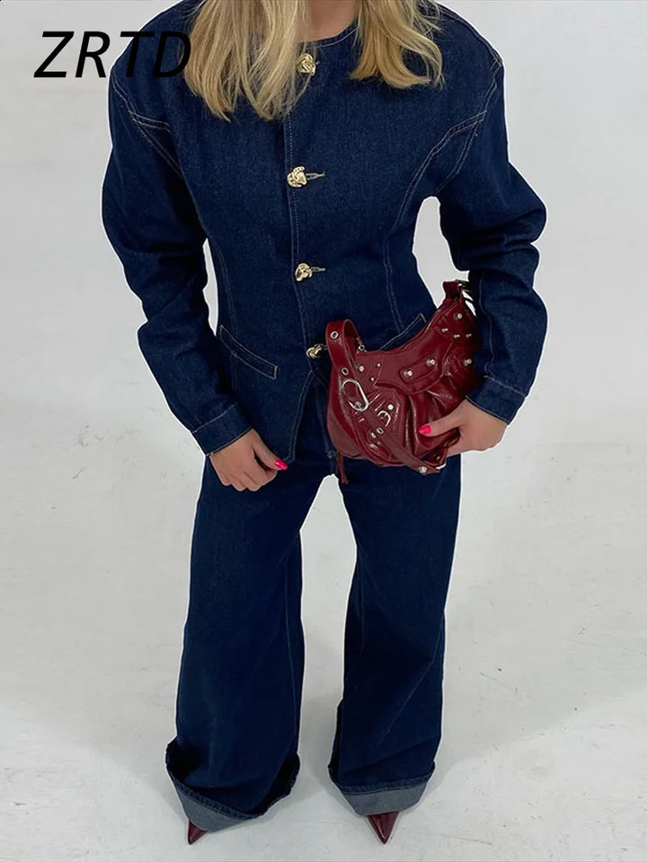 Vintage Denim Jacket Pants Sets Women Slim Spliced O-neck Button Jackets Wide Leg Jeans 2025 Spring Lady Elegant Casual Outfits 250319