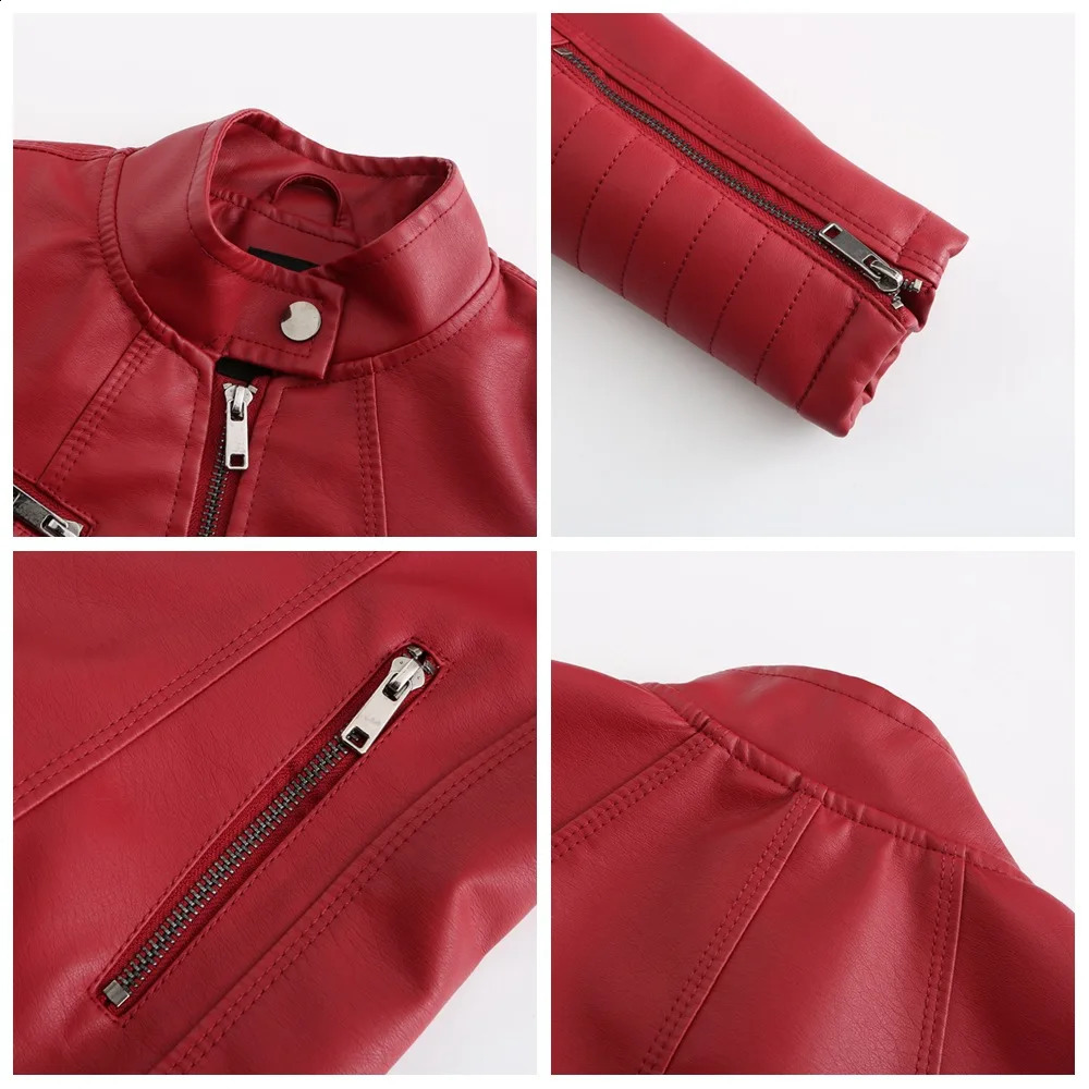 Bright red Vneck womens leather jacket stylish ultrathin PU black short Asian size XS S M L XL XXL 250319