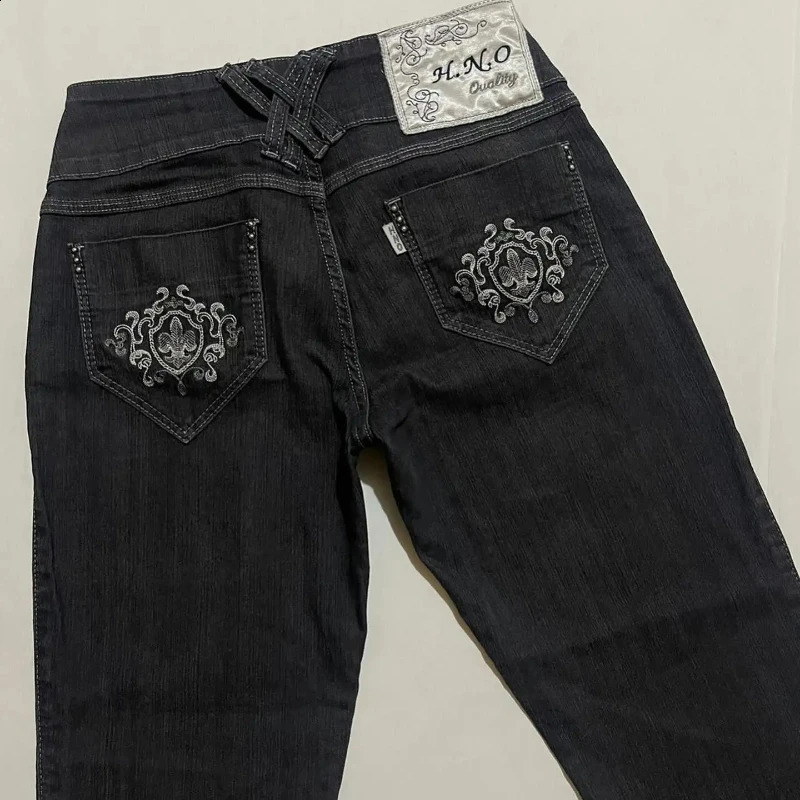 Y2K retro slim fit womens jeans fashionable high waist pattern ed street casual wide leg pants 250317