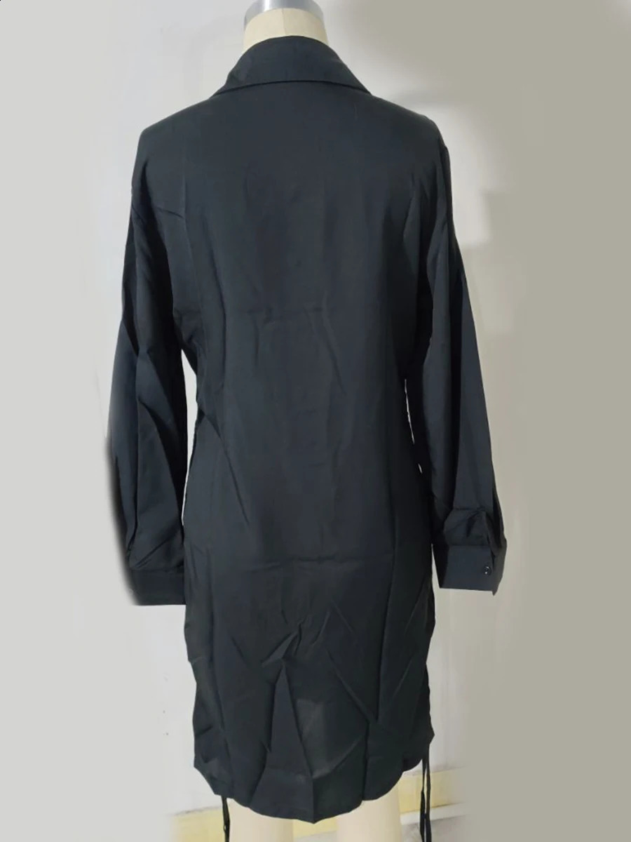 4XL 5XL LW Plus Size Spring Summer Turndown Collar Drawstring Shirt Dres Plain Long Sleeve Bodycon Mini Dresses 250319