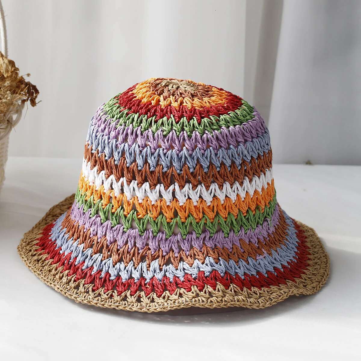 2025 NEW Rainbow Woven Women's Sunscreen Summer Japanese Straw Protective Fashion, Breathable Hollow Beach Sun Hat