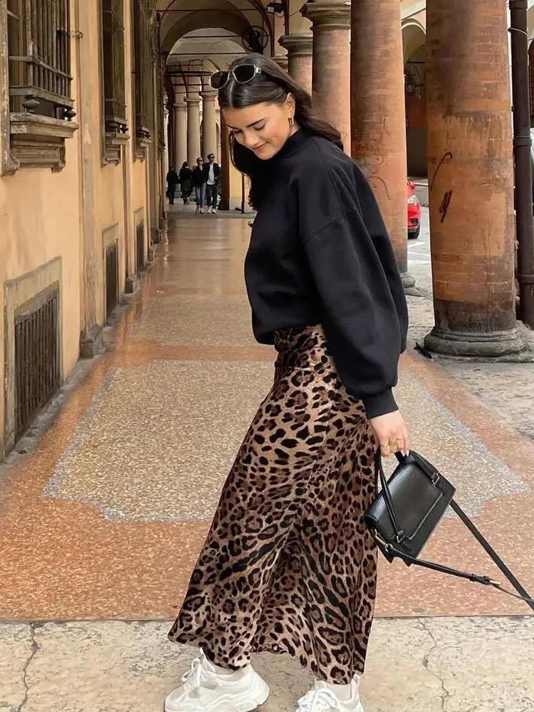 ASDS 2024 Women Fashion Leopard Print Skirt Vintage High Waist Midi Skirts Elegant Women Summer Casual Streetwear Skirt 250313