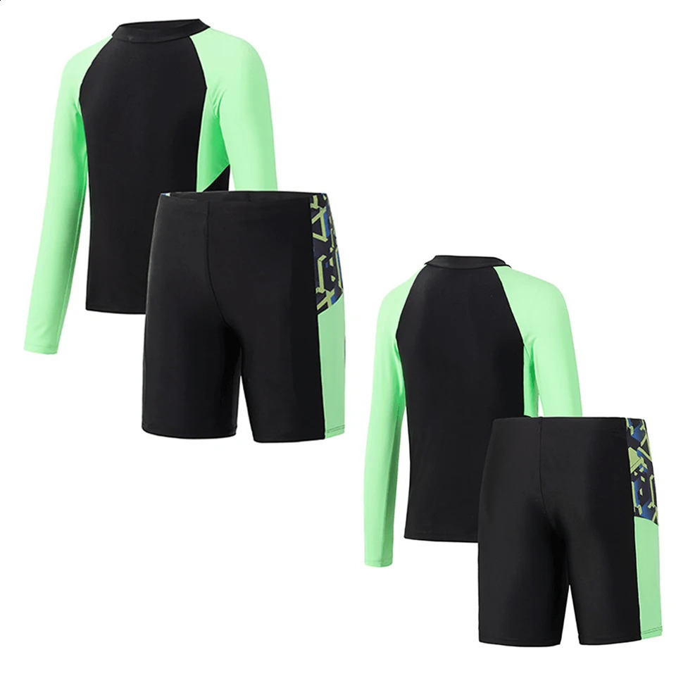 Boys Two Piece Rash Guard Swimsuits Kids Long Sleeve Sunsuit Swimwear Sets Boys Swimsuits UPF50UV Swimwear Kids 7-14 Years 250319