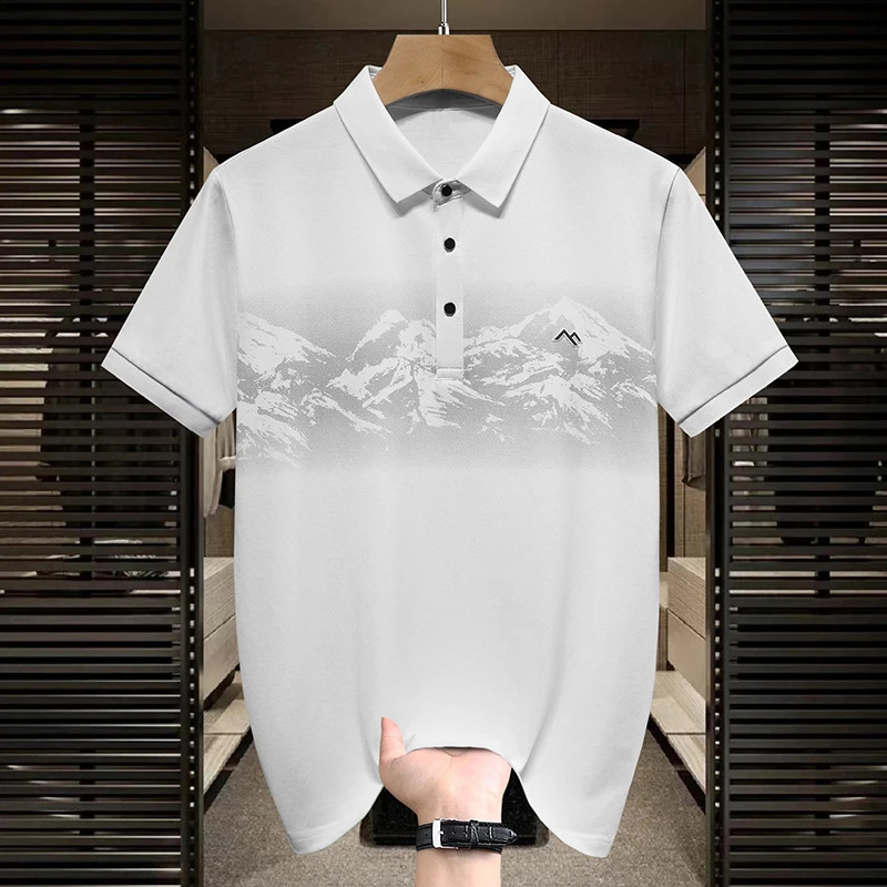 Summer Mens POLO Printed Collar Top Fashionable Business Casual Ice Silk Elastic Quick Drying Short Sleeve T-shirt 250317