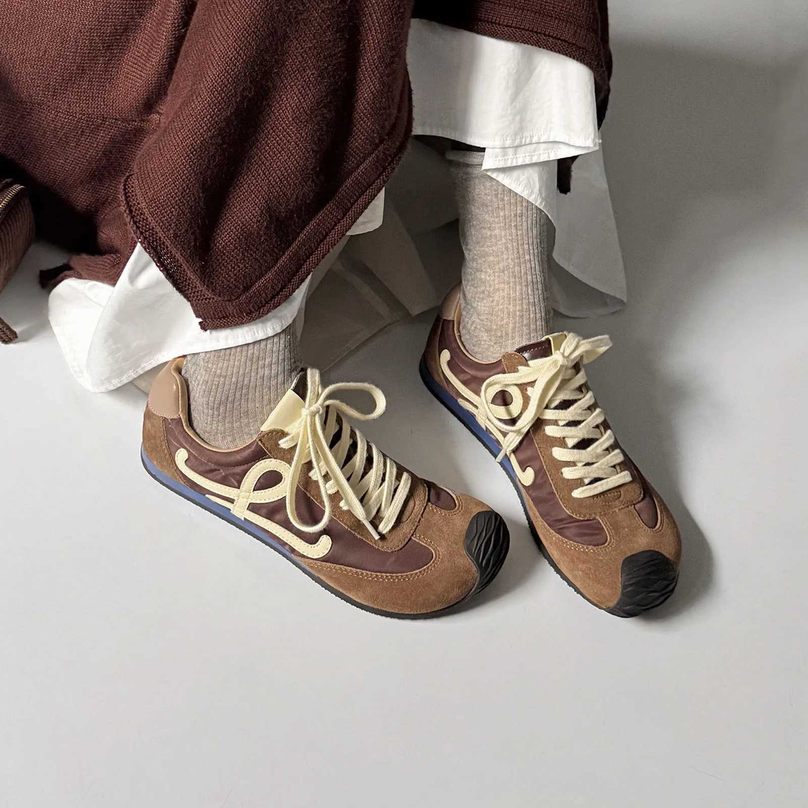 Arden Furtado Spring Cow suede Low heel Casual Gym shoes round toe Lace up Mixed Flats German Army Trainer Large size Y250318