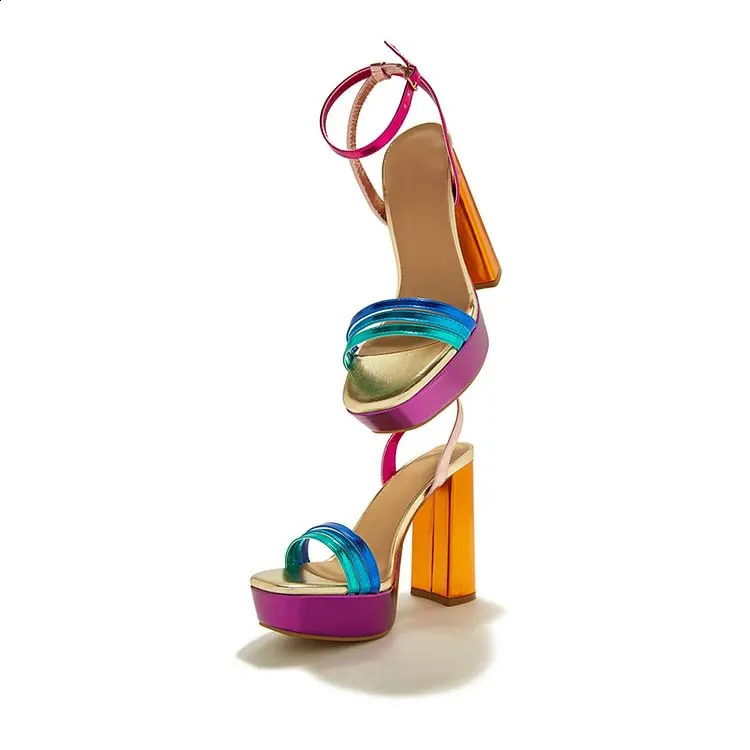 Multicolor Platform Sandals Women Square Toe Chunky Heel Ankle Strap Shoes Slingback Buckle Hollow Summer Sexy Casual Shoes 250314