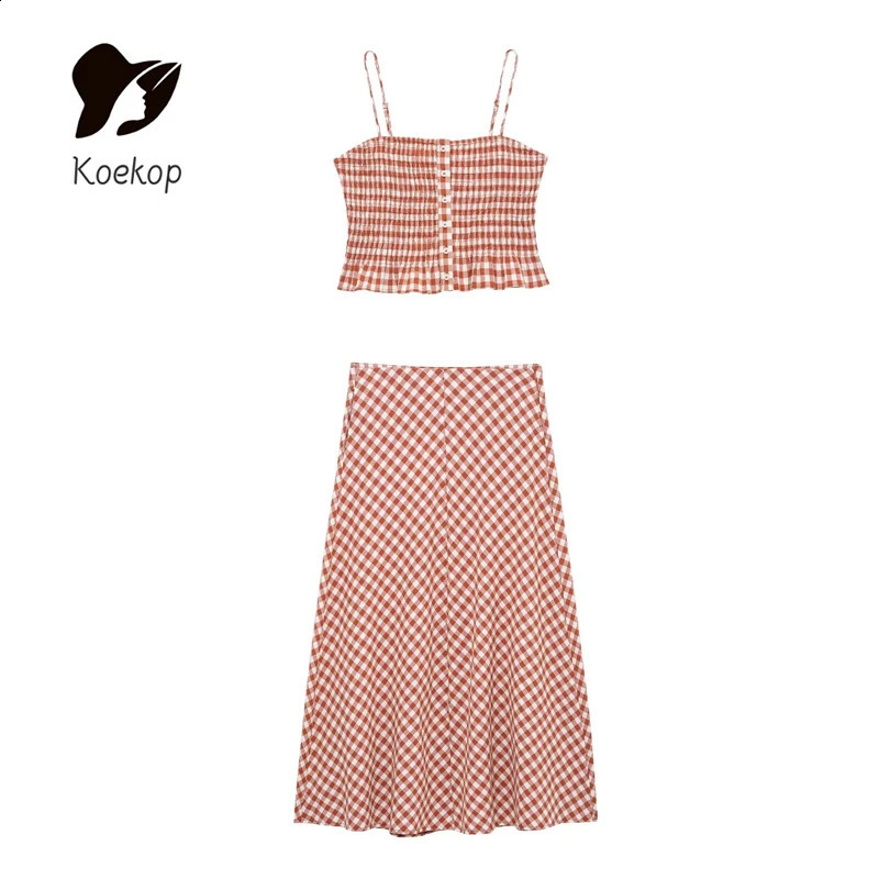 Koekop womens fashionable checkered shorts backless top and retro casual high waisted chic temperature maze skiing 250318